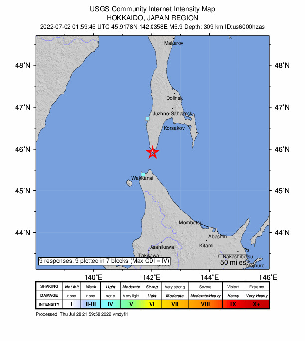 USGS DYFI community-reported intensity map for the M5.9 earthquake near 58 km SSE of Shebunino, Russia
