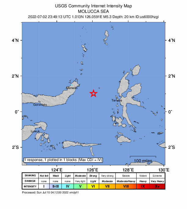 USGS DYFI community-reported intensity map for the M5.3 earthquake near 129 km ESE of Tondano, Indonesia