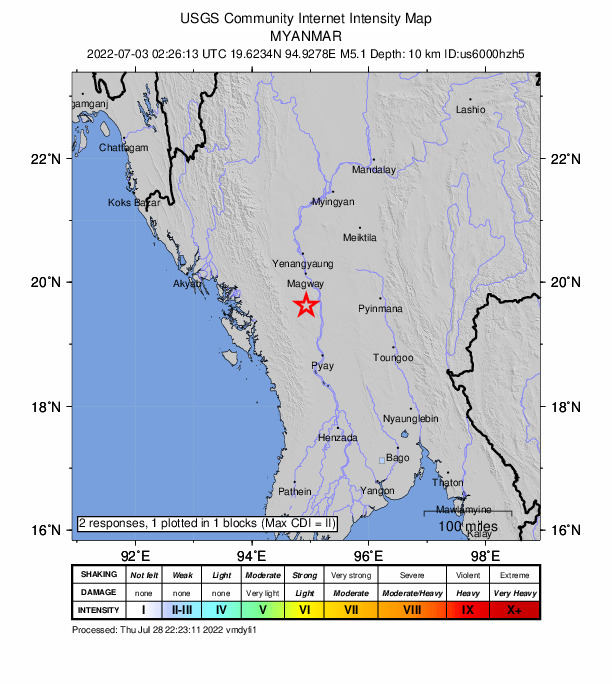 USGS DYFI community-reported intensity map for the M5.1 earthquake near 43 km WNW of Myaydo, Myanmar