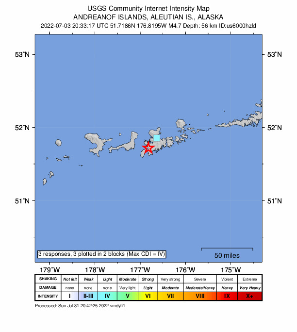 USGS DYFI community-reported intensity map for the M4.7 earthquake near 22 km SSW of Adak, Alaska