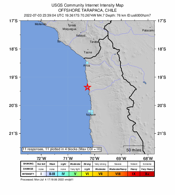 USGS DYFI community-reported intensity map for the M4.5 earthquake near 95 km N of Iquique, Chile