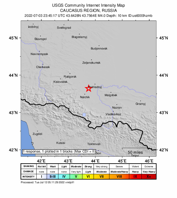 USGS DYFI community-reported intensity map for the M4.0 earthquake near 3 km NNW of Germenchik, Russia