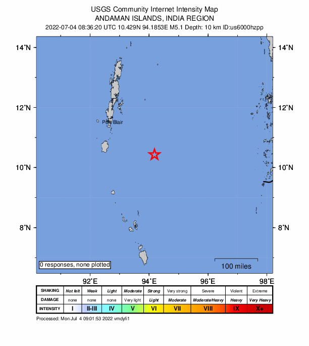 USGS DYFI community-reported intensity map for the M5.1 earthquake near 204 km SE of Port Blair, India