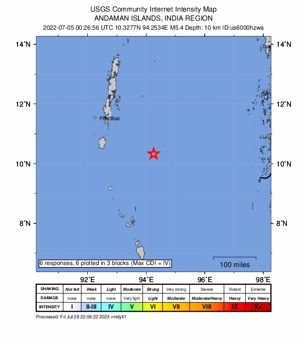 USGS DYFI community-reported intensity map for the M5.4 earthquake near Andaman Islands, India region