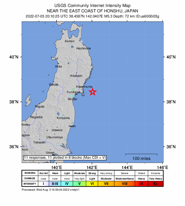 USGS DYFI community-reported intensity map for the M5.3 earthquake near 63 km E of Ishinomaki, Japan