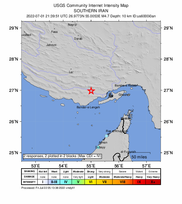 USGS DYFI community-reported intensity map for the M4.7 earthquake near 48 km NNE of Bandar-e Lengeh, Iran