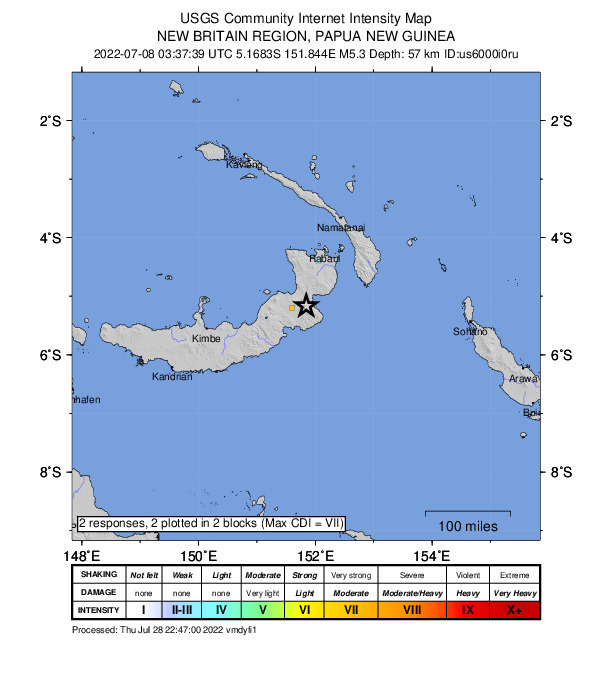 USGS DYFI community-reported intensity map for the M5.3 earthquake near 105 km SSW of Kokopo, Papua New Guinea