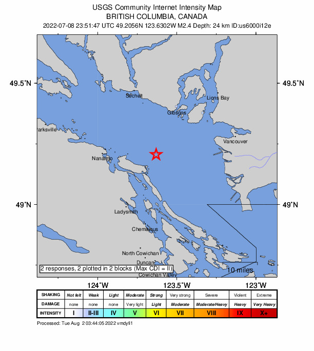 USGS DYFI community-reported intensity map for the M2.4 earthquake near 19 km ENE of Cedar, Canada