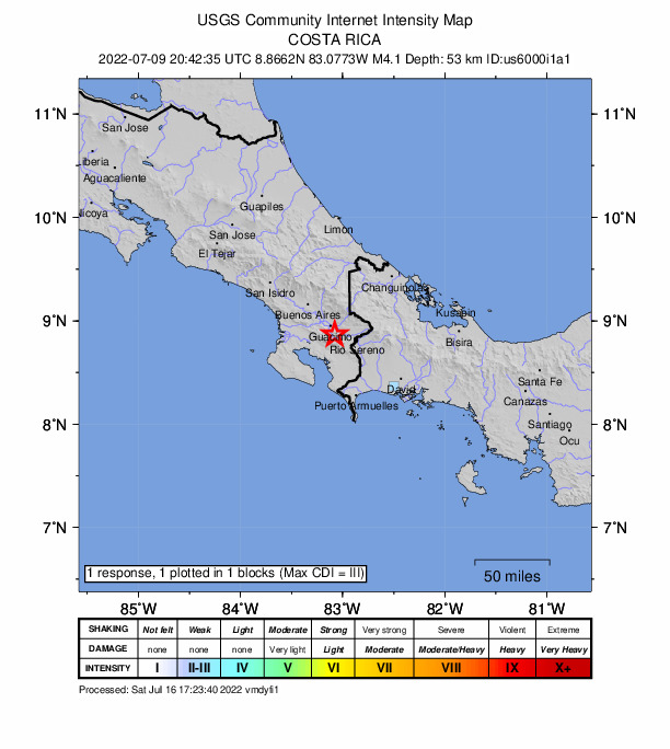 USGS DYFI community-reported intensity map for the M4.1 earthquake near 12 km WNW of San Vito, Costa Rica