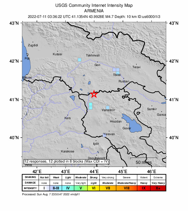 USGS DYFI community-reported intensity map for the M4.7 earthquake near 21 km WSW of Metsavan, Armenia