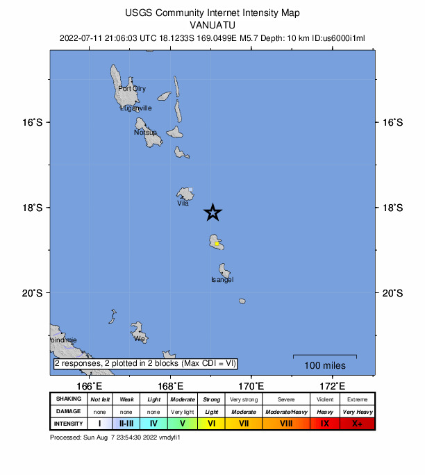 USGS DYFI community-reported intensity map for the M5.7 earthquake near 89 km ESE of Port-Vila, Vanuatu