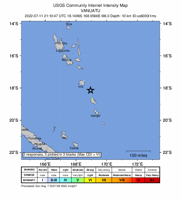 USGS DYFI community-reported intensity map for the M6.0 earthquake near 82 km ESE of Port-Vila, Vanuatu