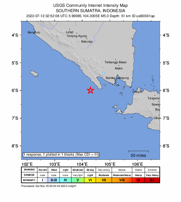 USGS DYFI community-reported intensity map for the M5.0 earthquake near 123 km WSW of Bandar Lampung, Indonesia