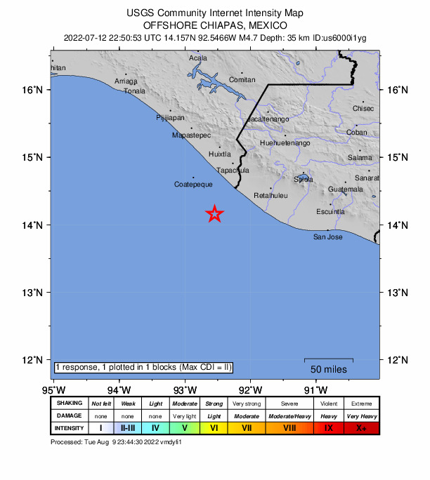 USGS DYFI community-reported intensity map for the M4.7 earthquake near 54 km SW of Brisas Barra de Suchiate, Mexico