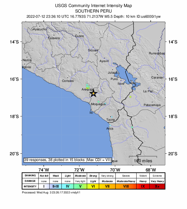 USGS DYFI community-reported intensity map for the M5.5 earthquake near 3 km SW of La Capilla, Peru
