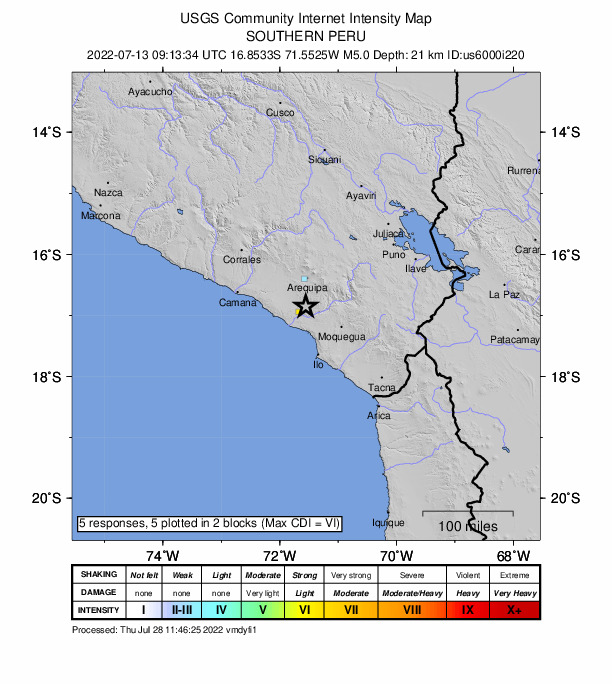 USGS DYFI community-reported intensity map for the M5.0 earthquake near southern Peru