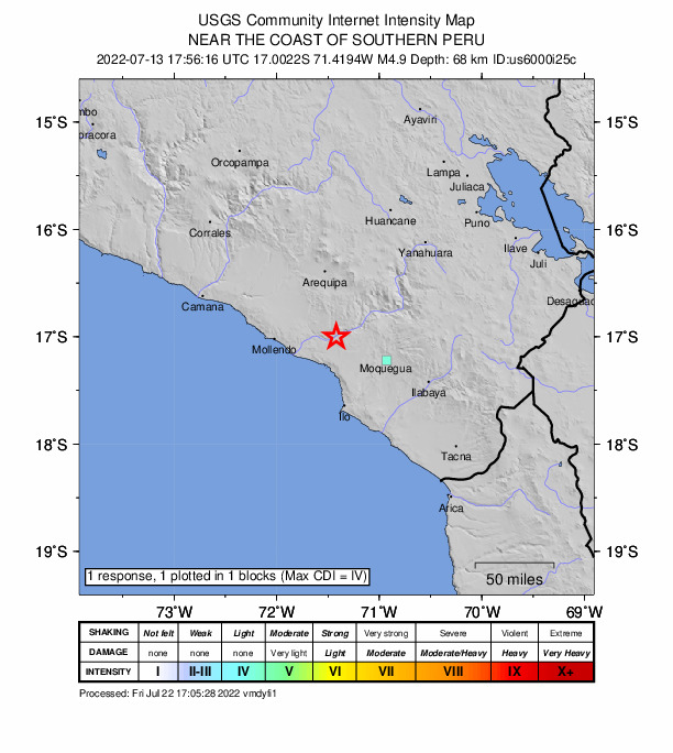 USGS DYFI community-reported intensity map for the M5.0 earthquake near southern Peru