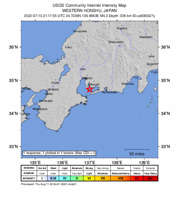 USGS DYFI community-reported intensity map for the M4.3 earthquake near 5 km ENE of Toyohama, Japan