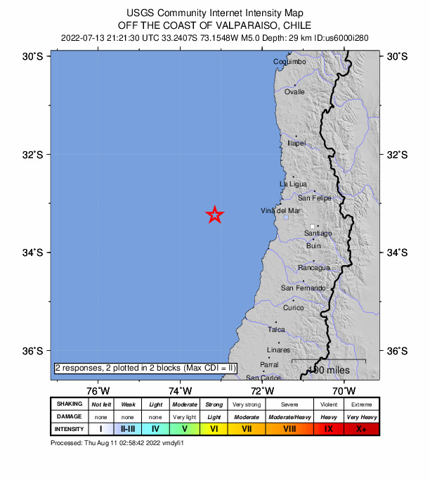 USGS DYFI community-reported intensity map for the M5.0 earthquake near 145 km W of Valparaíso, Chile