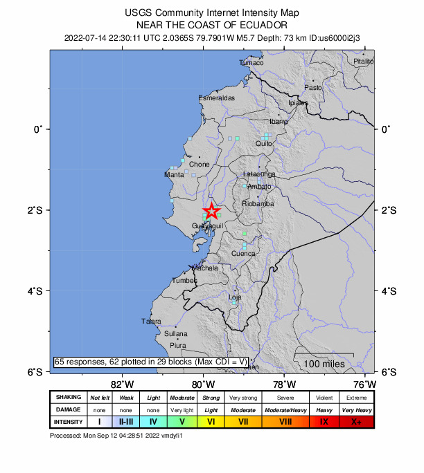 USGS DYFI community-reported intensity map for the M5.7 earthquake near 11 km SW of Samborondón, Ecuador