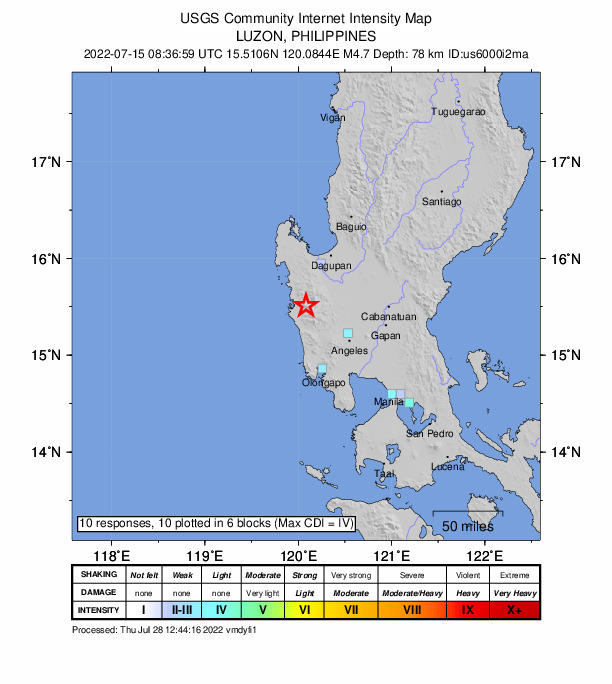 USGS DYFI community-reported intensity map for the M4.7 earthquake near 13 km ENE of San Lorenzo, Philippines