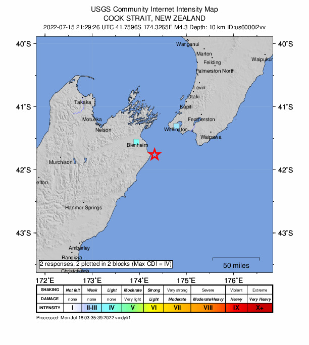 USGS DYFI community-reported intensity map for the M4.3 earthquake near 41 km SE of Blenheim, New Zealand
