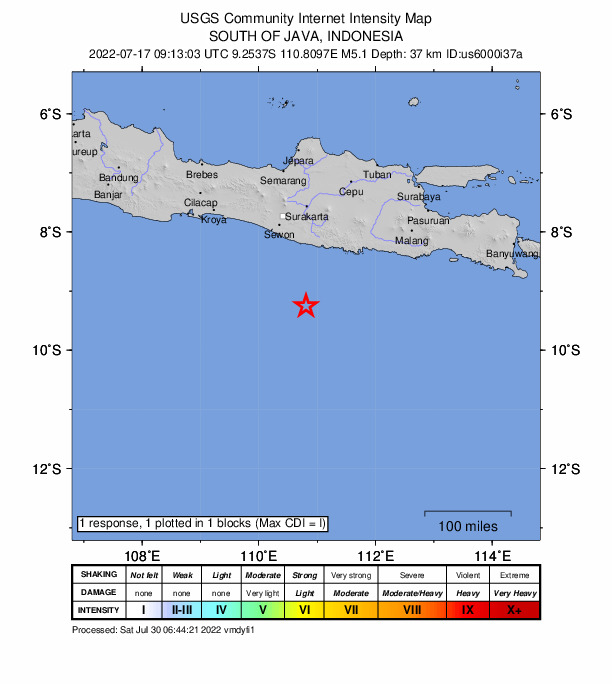 USGS DYFI community-reported intensity map for the M5.1 earthquake near 152 km SSE of Pundong, Indonesia