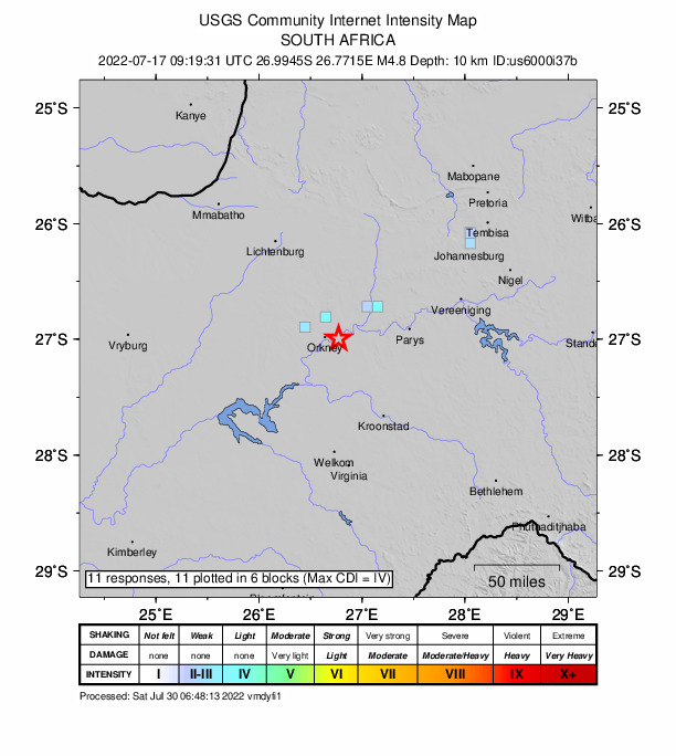 USGS DYFI community-reported intensity map for the M4.8 earthquake near 14 km E of Orkney, South Africa