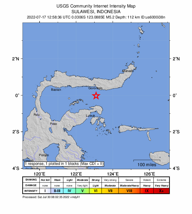 USGS DYFI community-reported intensity map for the M5.2 earthquake near 62 km S of Gorontalo, Indonesia