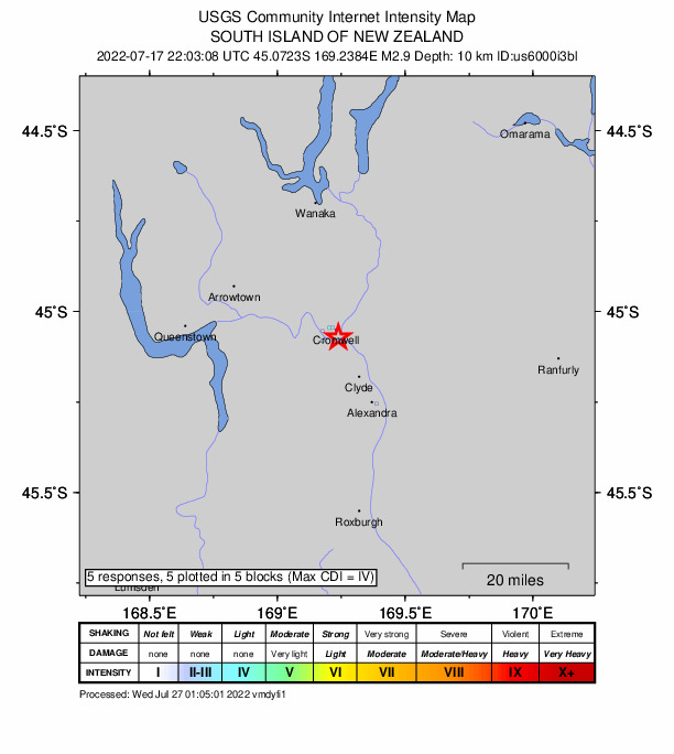 USGS DYFI community-reported intensity map for the M2.9 earthquake near 4 km SE of Cromwell, New Zealand