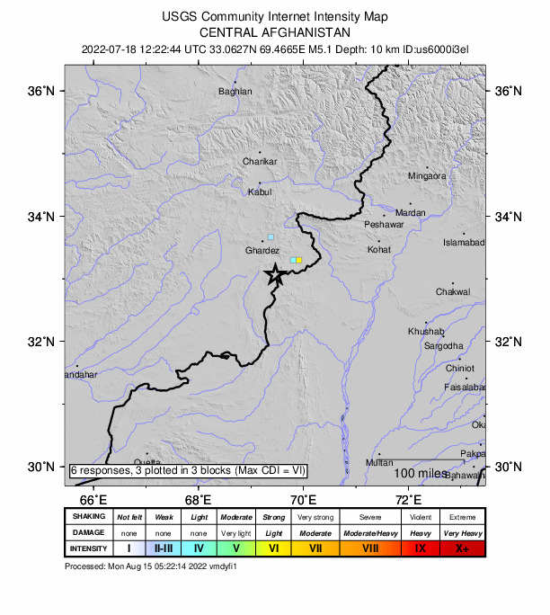 USGS DYFI community-reported intensity map for the M5.2 earthquake near 50 km SW of Kh?st, Afghanistan