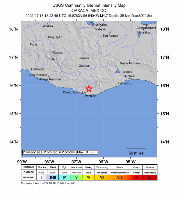 USGS DYFI community-reported intensity map for the M4.7 earthquake near 26 km S of San Francisco Cozoaltepec, Mexico