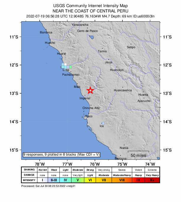 USGS DYFI community-reported intensity map for the M4.7 earthquake near 24 km ENE of Quilmaná, Peru