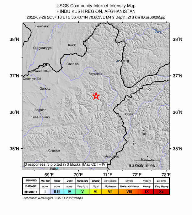 USGS DYFI community-reported intensity map for the M4.9 earthquake near 53 km SSW of Jurm, Afghanistan