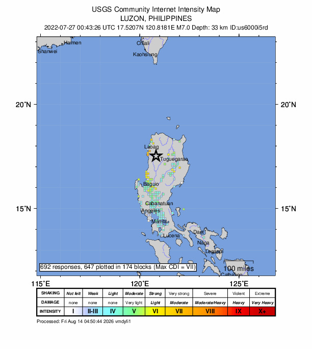 USGS DYFI community-reported intensity map for the M7.0 earthquake near 11 km NE of Bantay, Philippines