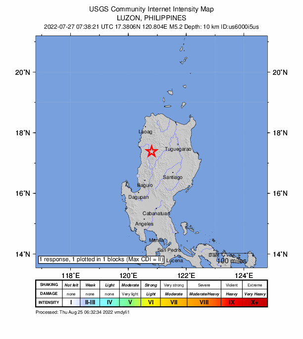 USGS DYFI community-reported intensity map for the M5.2 earthquake near 8 km SE of Bantay, Philippines