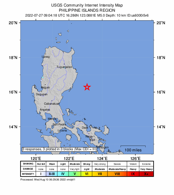 USGS DYFI community-reported intensity map for the M5.0 earthquake near Philippine Islands region