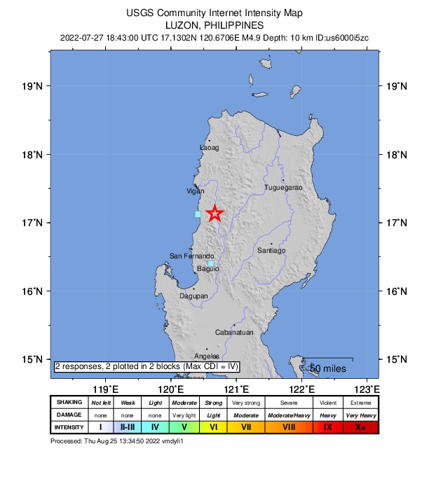 USGS DYFI community-reported intensity map for the M4.9 earthquake near Luzon, Philippines