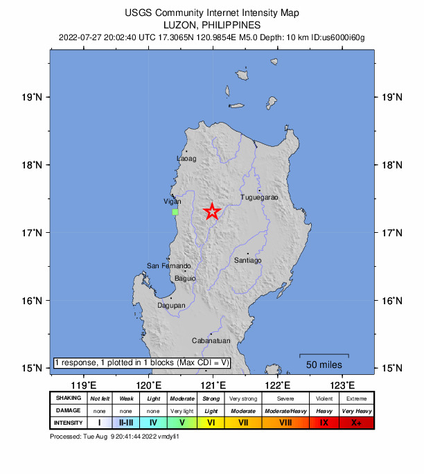 USGS DYFI community-reported intensity map for the M5.0 earthquake near 17 km WSW of Pasil, Philippines