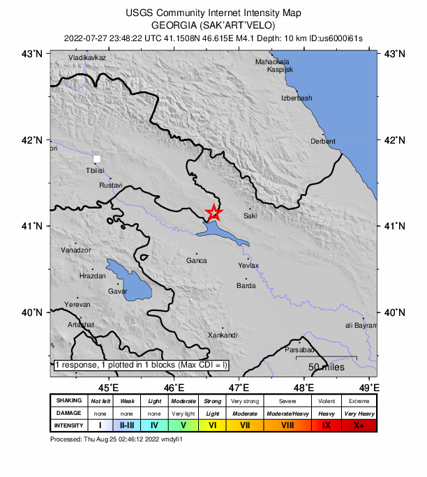 USGS DYFI community-reported intensity map for the M4.1 earthquake near 30 km NE of Q?rm?z? Samux, Azerbaijan