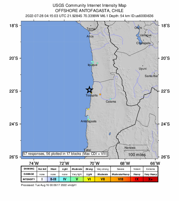 USGS DYFI community-reported intensity map for the M6.1 earthquake near 22 km NW of Tocopilla, Chile