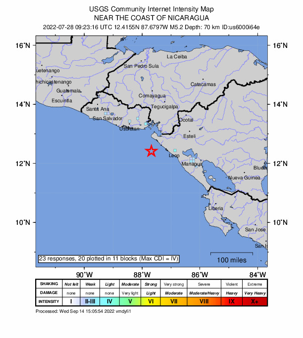 USGS DYFI community-reported intensity map for the M5.2 earthquake near 44 km SW of Jiquilillo, Nicaragua