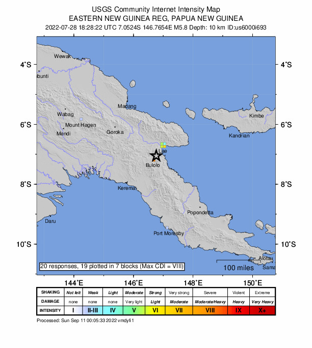 USGS DYFI community-reported intensity map for the M5.8 earthquake near eastern New Guinea region, Papua New Guinea
