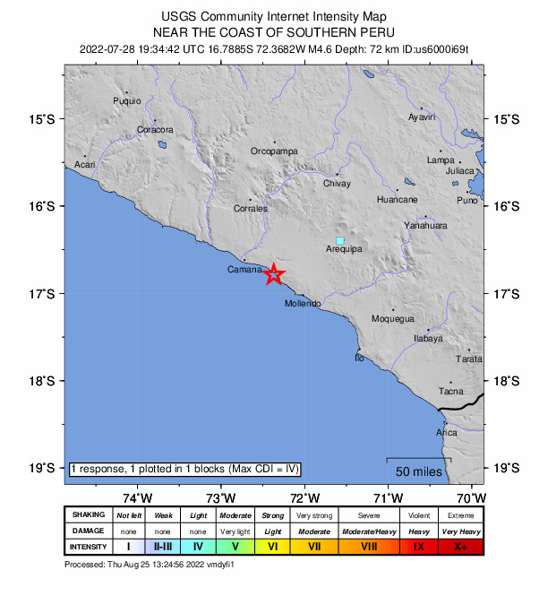 USGS DYFI community-reported intensity map for the M4.6 earthquake near 10 km SE of Quilca, Peru