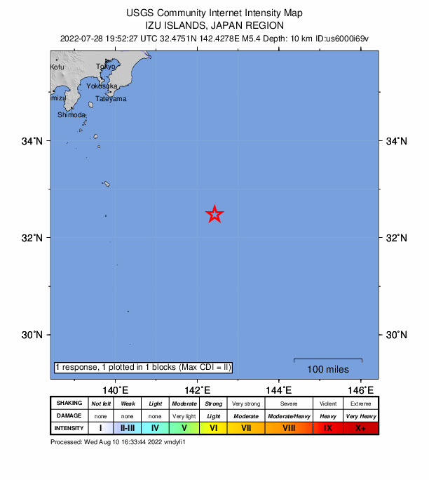 USGS DYFI community-reported intensity map for the M5.4 earthquake near Izu Islands, Japan region