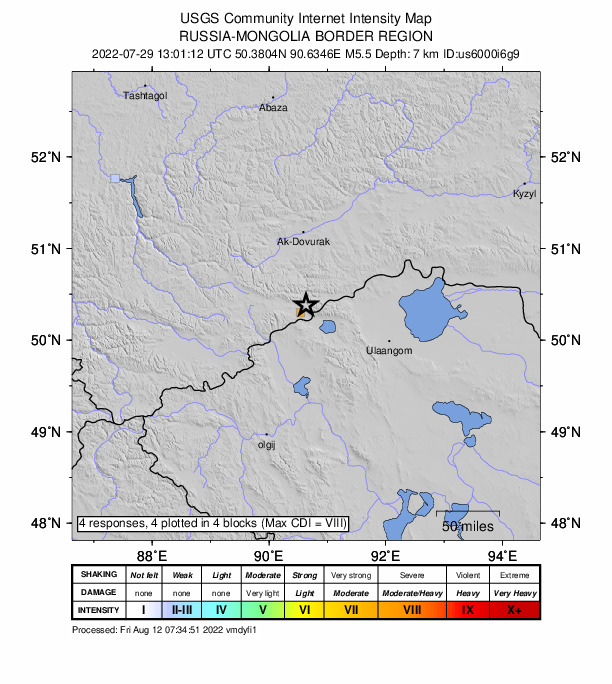 USGS DYFI community-reported intensity map for the M5.5 earthquake near 14 km E of Mugur-Aksy, Russia