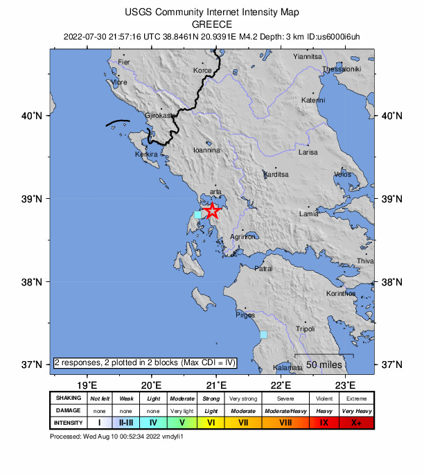USGS DYFI community-reported intensity map for the M4.2 earthquake near 0 km SW of Monastiráki, Greece