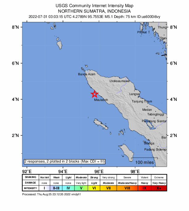 USGS DYFI community-reported intensity map for the M5.1 earthquake near 43 km WNW of Meulaboh, Indonesia