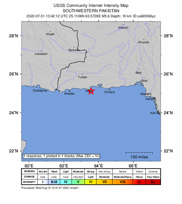 USGS DYFI community-reported intensity map for the M5.6 earthquake near 16 km SE of Pasni, Pakistan