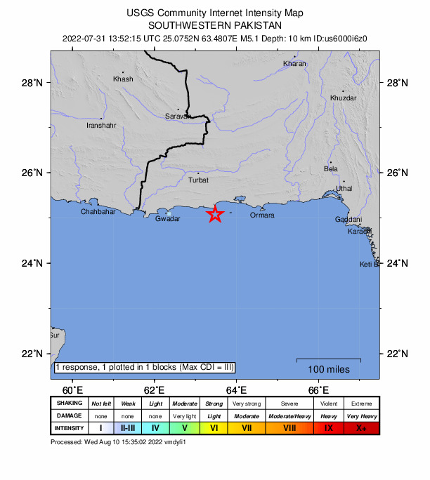 USGS DYFI community-reported intensity map for the M5.1 earthquake near 17 km S of Pasni, Pakistan